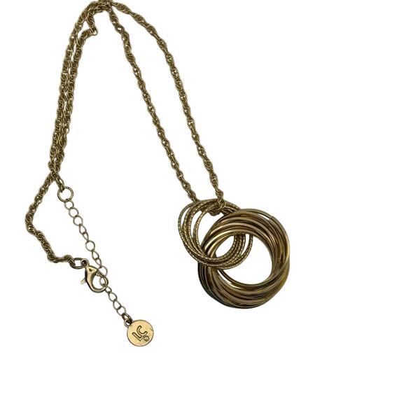 Liz Claiborne Textured Interlocking Rings Gold Tone Necklace 16 to 18 inch - Picture 2 of 9